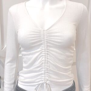 FINAL PRICE! NWOT Ribbed Knit V Neck Semi Sheer Long Sleeve Ruched Tie Crop Top